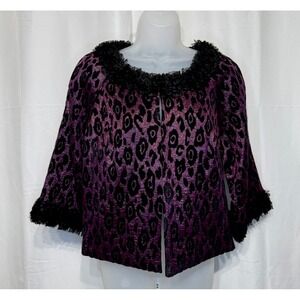 Lavender & Honey Purple Metallic Leopard Print Feathery Trim Jacket SZ PL NWT